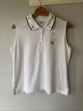 Vintage Kenneth Too Embroidered Floral Sleeveless Polo Tank Top M White
